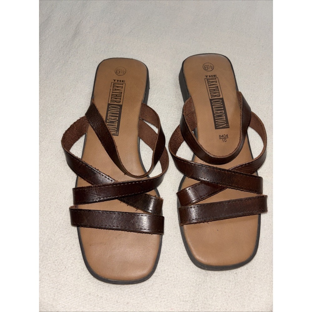 The Leather Collection Sandals Strappy Brown Leather‎ Size 6.5  Cushioned Comfy
